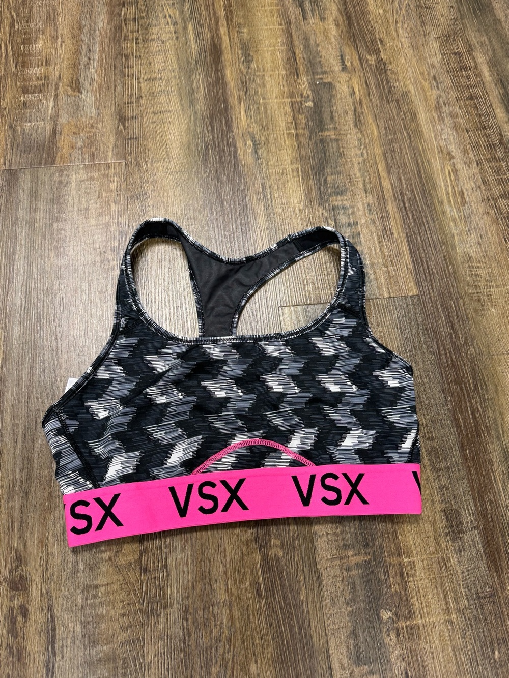VSX Black & Gray Patterned Sports Bra with Hot Pink Band